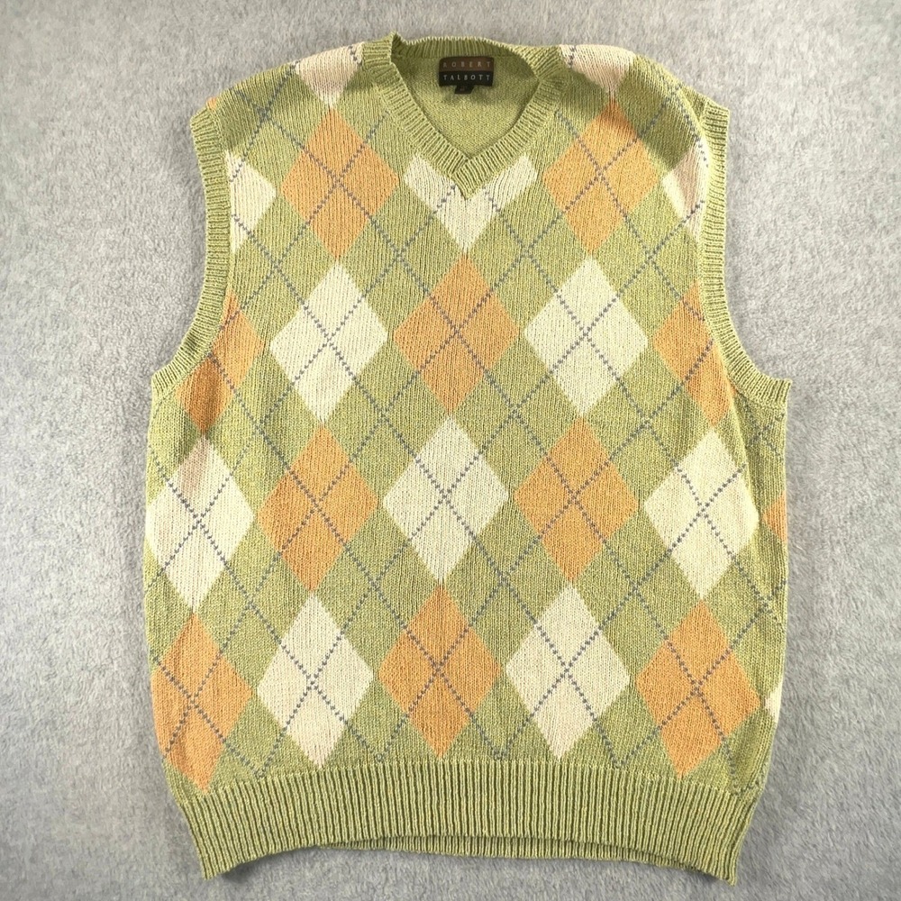 Robert Talbott Mens XL Argyle Sweater Vest Green Orange Silk Cotton V-Neck Knit